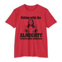 Load image into Gallery viewer, Riding with the Almighty Throttle Wide Open Motorcycle Faith T-Shirt
