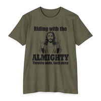 Load image into Gallery viewer, Riding with the Almighty Throttle Wide Open Motorcycle Faith T-Shirt
